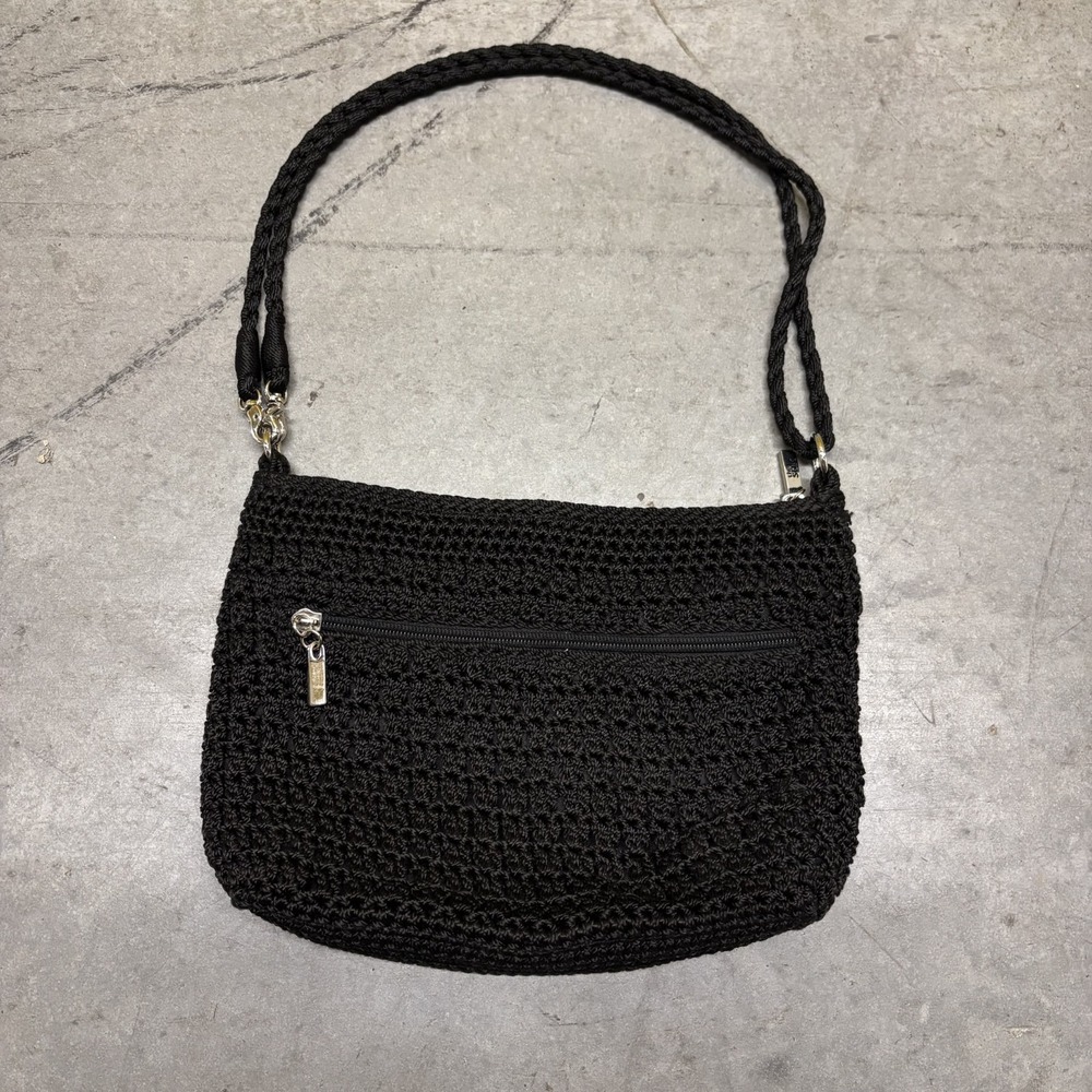 The Sak Classic Black Knit Hobo Bag Crochet Shoulder Purse Slouchy Boho